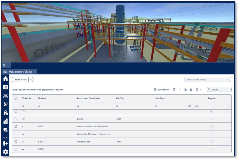 Tickets in UDiTH: ticket list for management of change next to the 3D model